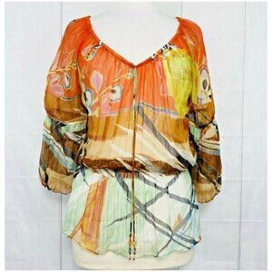 Vintage Womens Y2K 90s CACHE Silk Sheer Peasant Blouse Floral Abstract Size M